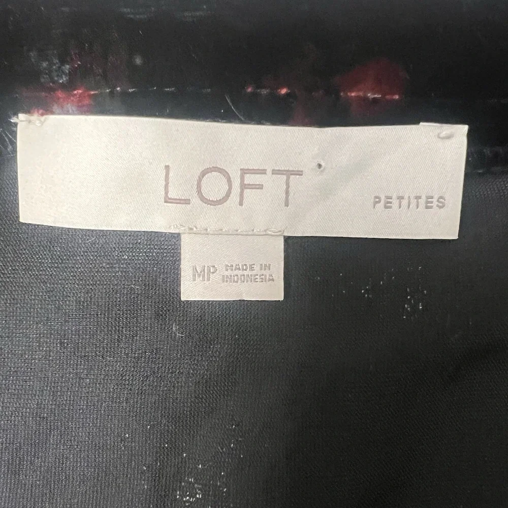 Loft Velour Floral Top Puff Sleeve Black Red Floral Medium Petite‎ Women's
